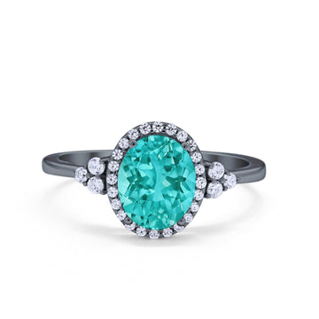 Halo Art Deco Oval Engagement Ring Black Tone, Simulated Paraiba Tourmaline CZ 925 Sterling Silver